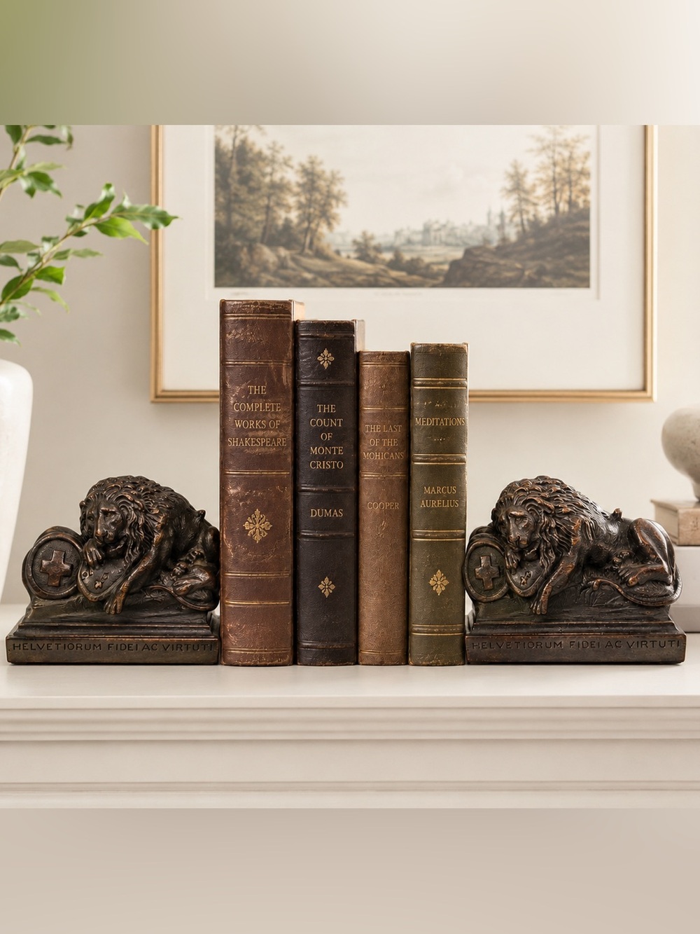 Vintage Mahogany Lion of Lucerne Set of Bookends "Helvetiorum Fidei Ac Virtuti"
